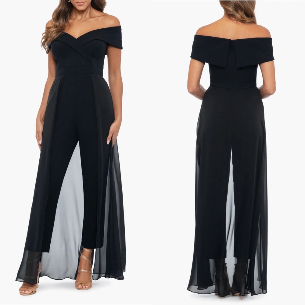 NEW XSCAPE Black OFF THE SHOULDER Crepe CHIFFON Skirt OVERLAY Maxi JUMPSUIT 14
